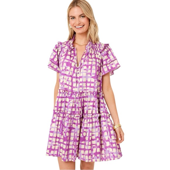 Hunter Bell Merritt Dress Lavender Cream Cotton Mini Flutter Sleeve Size Medium - Picture 9 of 12